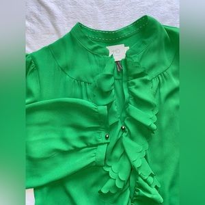 HD in Paris Anthropologie Womens Top Blouse Green Ruffle Neck Chiffon Size 6